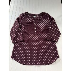 Croft & Barrow Women's Maroon V-Neck 3/4 Sleeve Top S Floral Rounded Hem